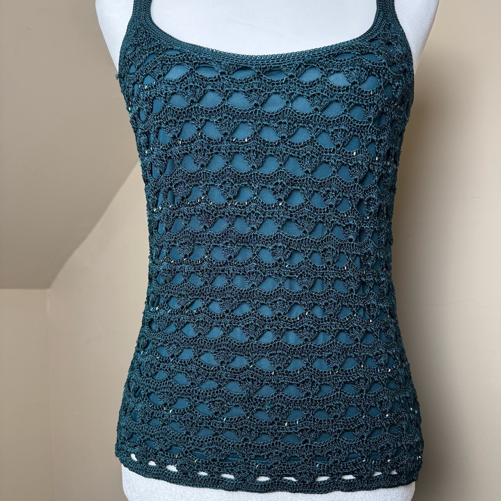 🩵 Crochet Tapemeasure Vintage Tank‎ Top Mesh Layered Size M 🩵 - Picture 2 of 6